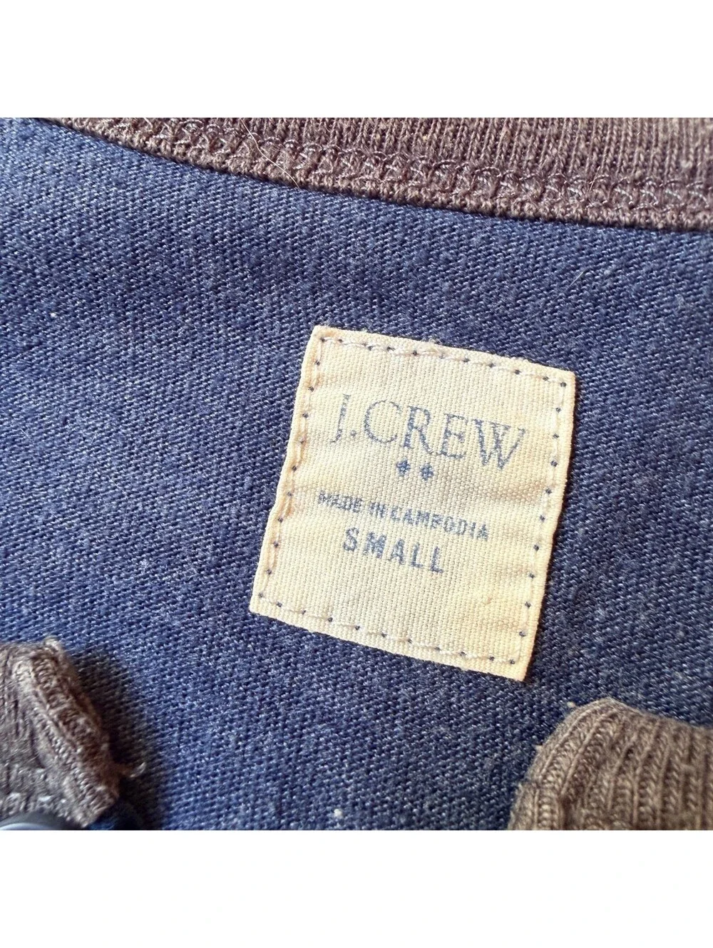 J.Crew Henley Baseball Shirt Small Two Tone Blue and Beige Long Sleeve Raglan